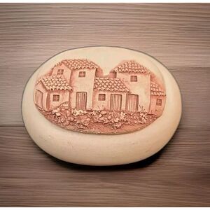 Bolivia Carved 3D Village Scene Trinket Stash Box Pottery Terra Cotta  3 1/2"‎